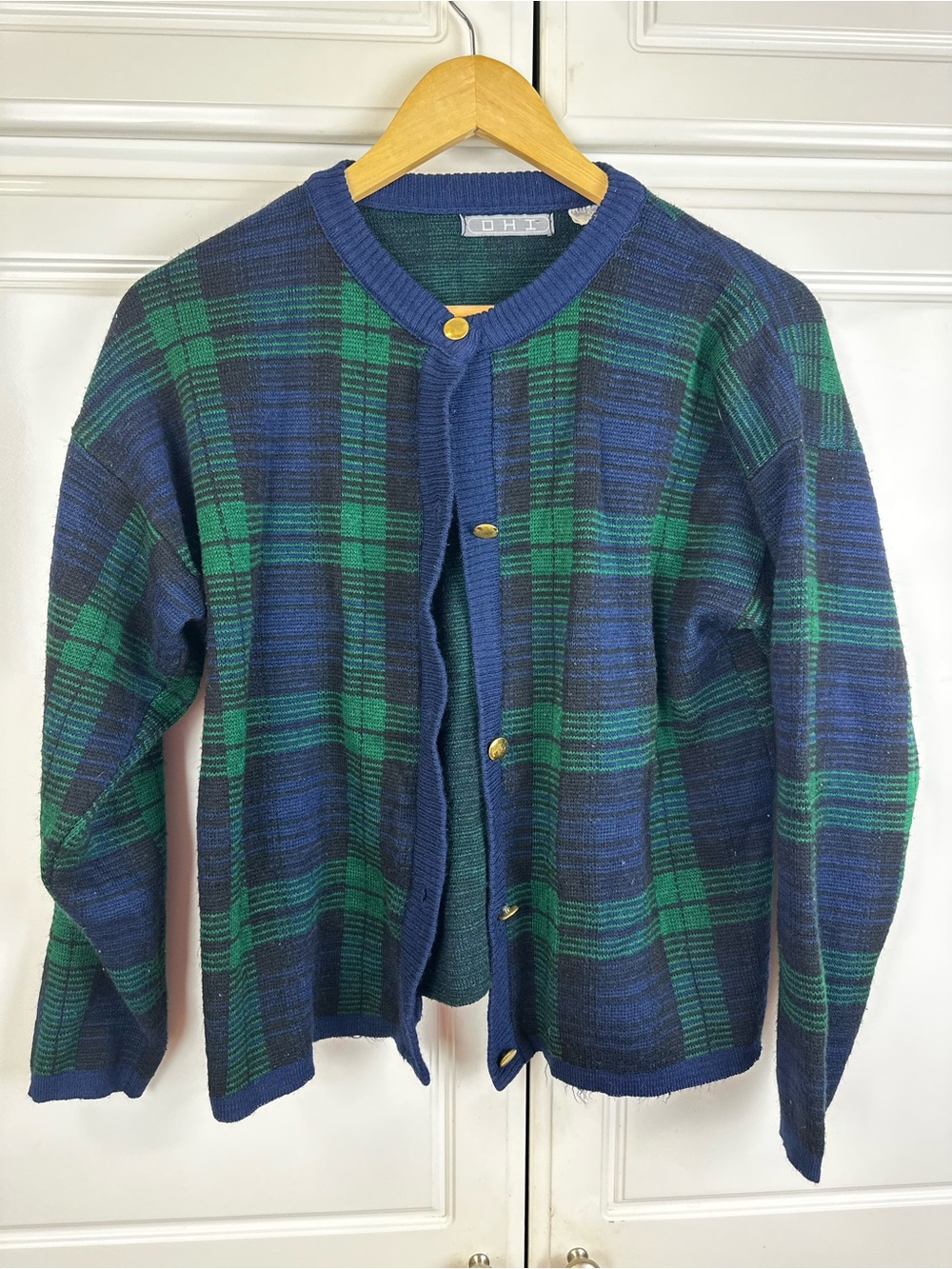 Vintage OHI Green & Blue Plaid Women’s Cardigan Sweater